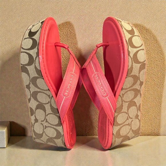 Coach Textured Strap Pink Platform Sandals - Picture 3 of 5
